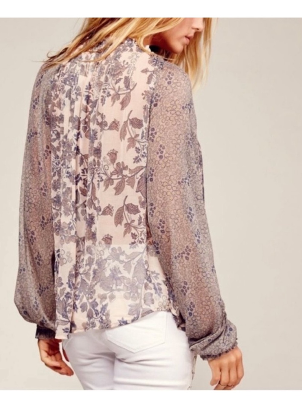 Free People Hendrix Peasant Floral Blouse Ruffled Neck Tie Top XS